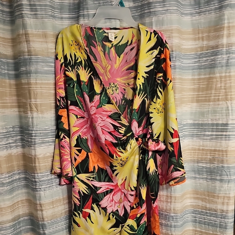 H&M Tropical Print Wrap Kimono with Pink and Green and Yellow
